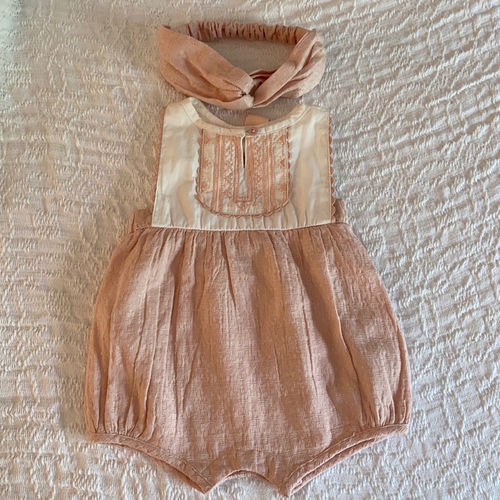 Pink and white scallop and embroidered baby romper